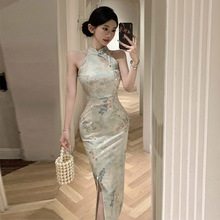 3911跨境外贸女装批发东南亚时尚性感露肩印花气质包臀旗袍连衣裙