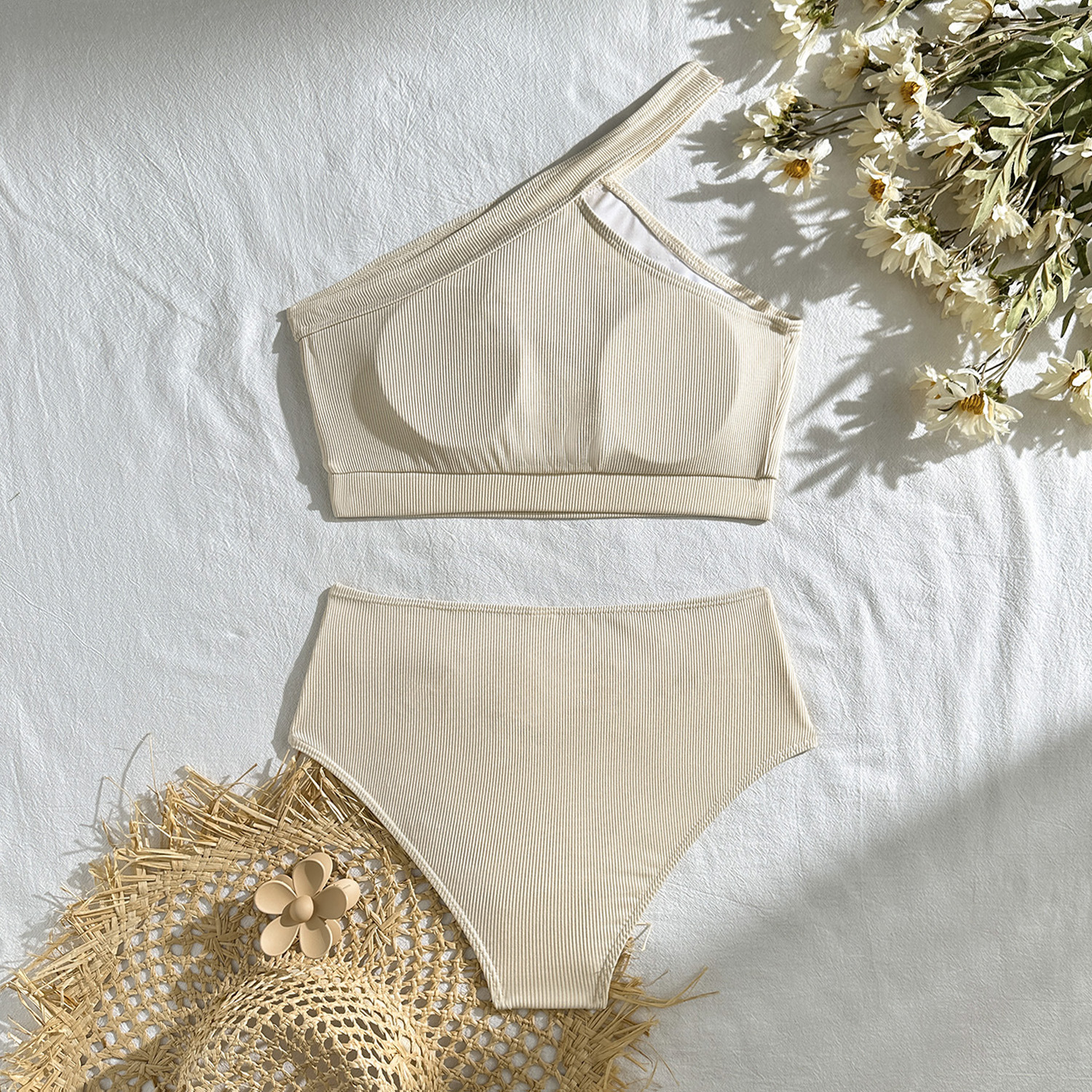 One-shoulder Split Sunken Stripe High Waist Swimsuit