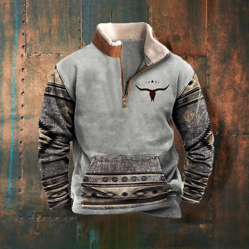 Amazon Spring and Autumn New Men's Fur Collar Long-Sleeve Half-Zip Printed Casual Fashion European and American Trendy Jacket Coat