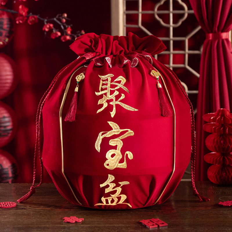 结婚包袱皮刺绣束口福袋女方陪嫁聚宝盆抽拉包裹红布婚庆用品大全|undefined