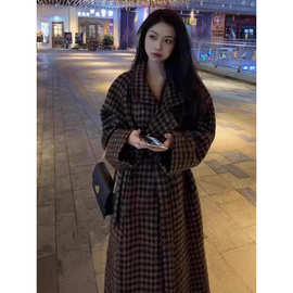 2024秋季新款呢外套小个子西装领毛呢宽松格子大衣女