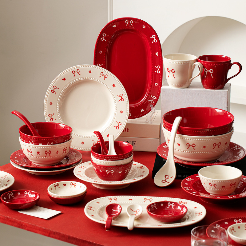 Bowknot New Ceramic Tableware High-Value Rice Bowl Double-Handle Soup Bowl Household Ceramic Bowl Plate Ins Style