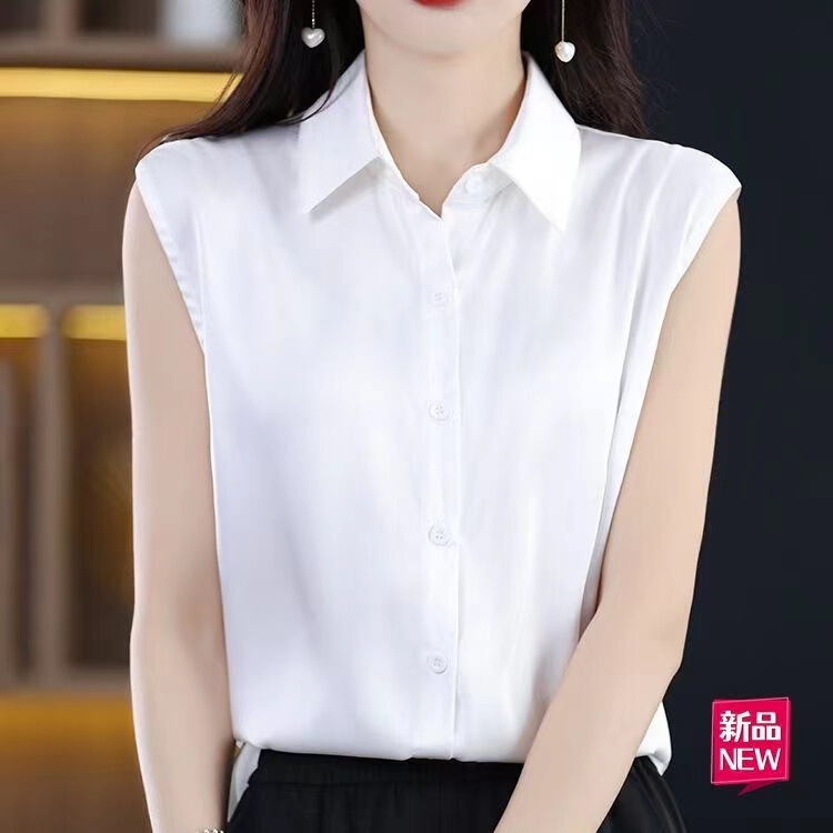 White Shirt Women's Sleeveless Chiffon Summer New Elegant Slim-Fit Slim Base Polo Collar All-Match T-Shirt Vest