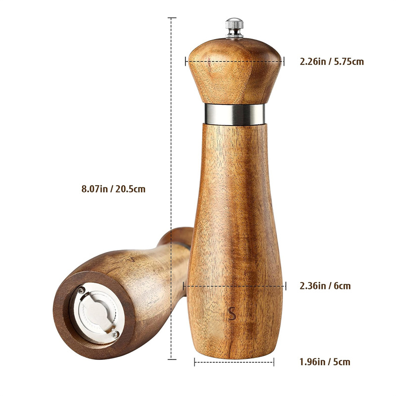 8-pulgadas de madera de acacia Molino de pimienta molino de anillo de acero espesor ajustable núcleo de cerámica molino de pimienta herramientas de cocina