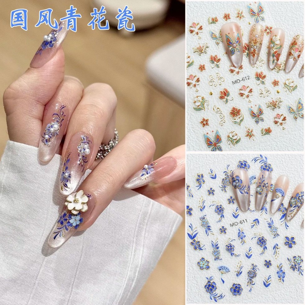 Blue and white nail stickers, blue fake nails, sticker, gradient