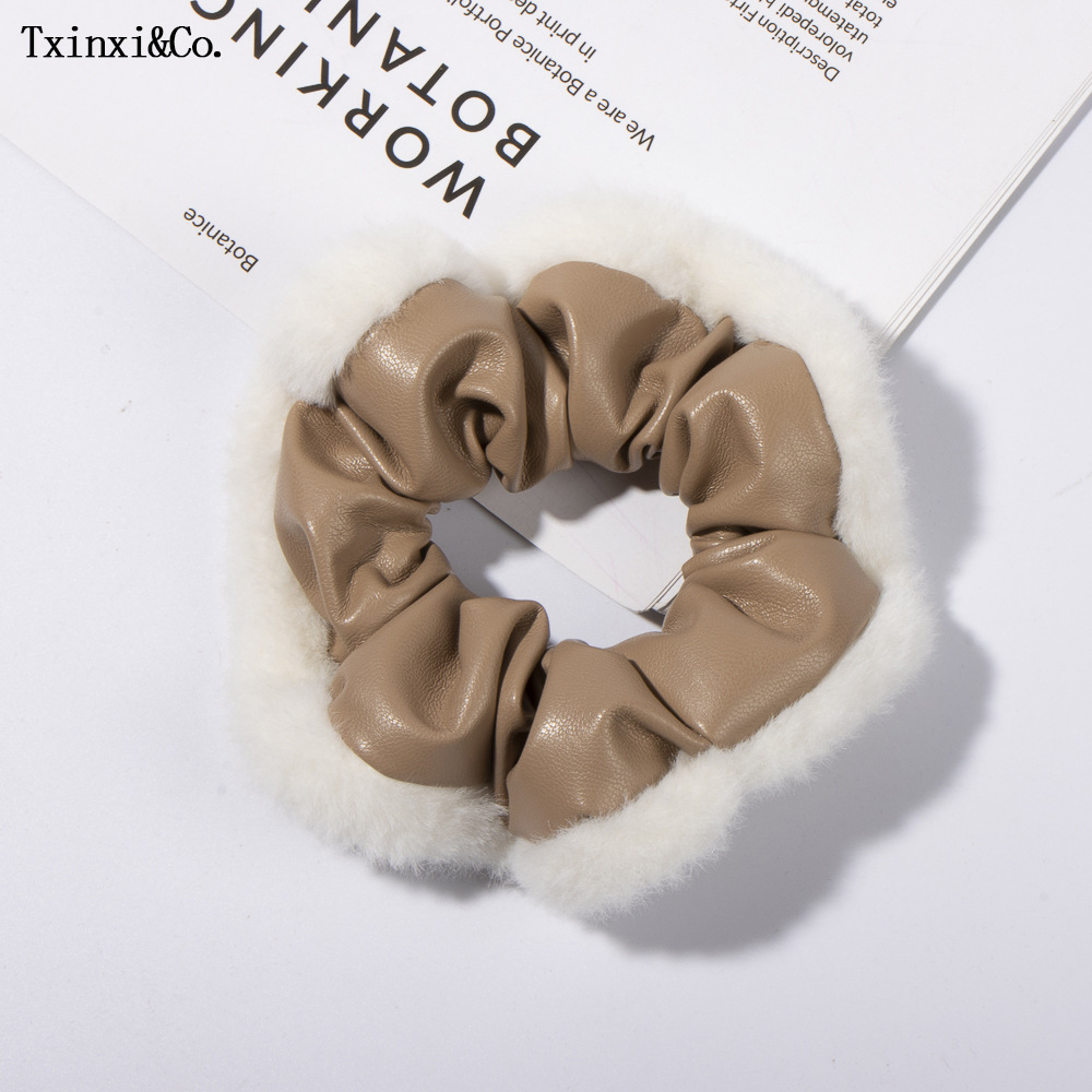 Large bowel scrunchie plush PU leather pleated scrunchie women's brown corset hair ponytail headwear_voghion.com