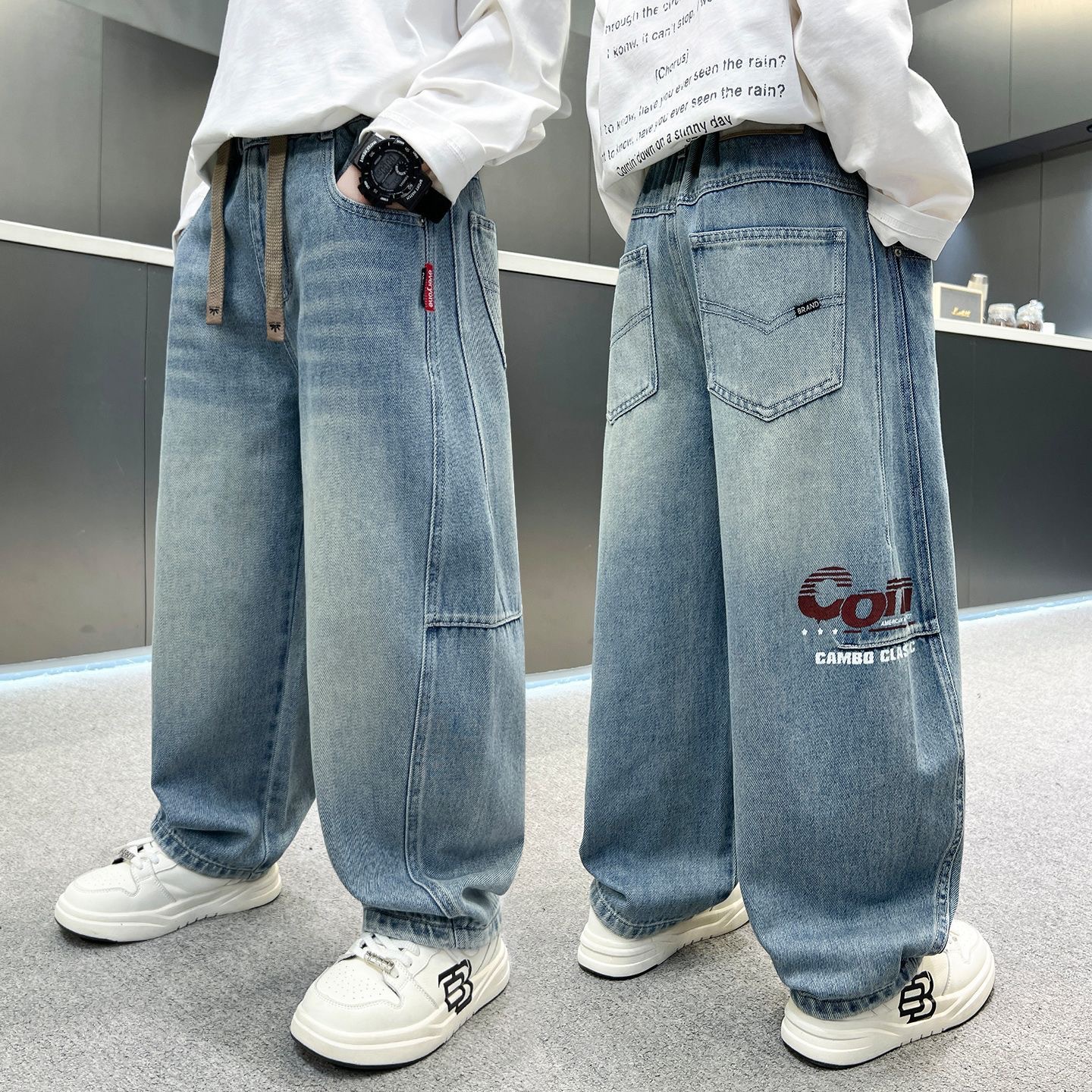 New style boys' jeans for spring and autumn, long pants, Korean style, fashionable harem pants, domineering, big kids' loose-fitting curved pants