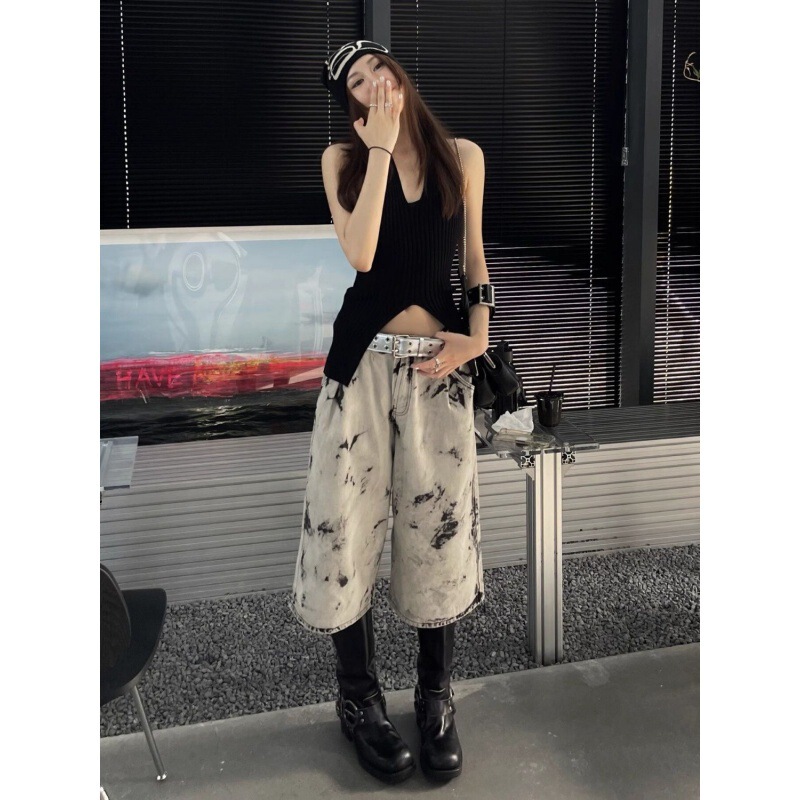 plus size Chinese Ink National Style Tie-Dye Wide Leg Jeans Women's Summer Slimming Harajuku High Waist Straight Cropped Trendy Pants plus size Chinese Ink National Style Tie-Dye Wide Leg Jeans Women's Summer Slimming Harajuku High Waist Straight Cropped Trendy Pants