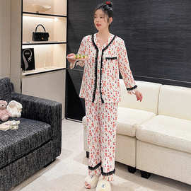 24年春季新款全棉日系印花睡衣女薄款套装休闲外穿家居服一件代发