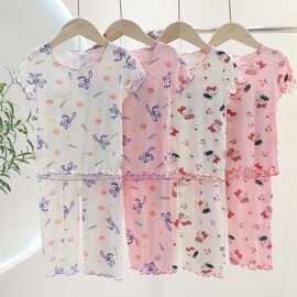 冰丝女童睡衣儿童短袖套装夏季薄款空调服宝宝家居服两件套空调服