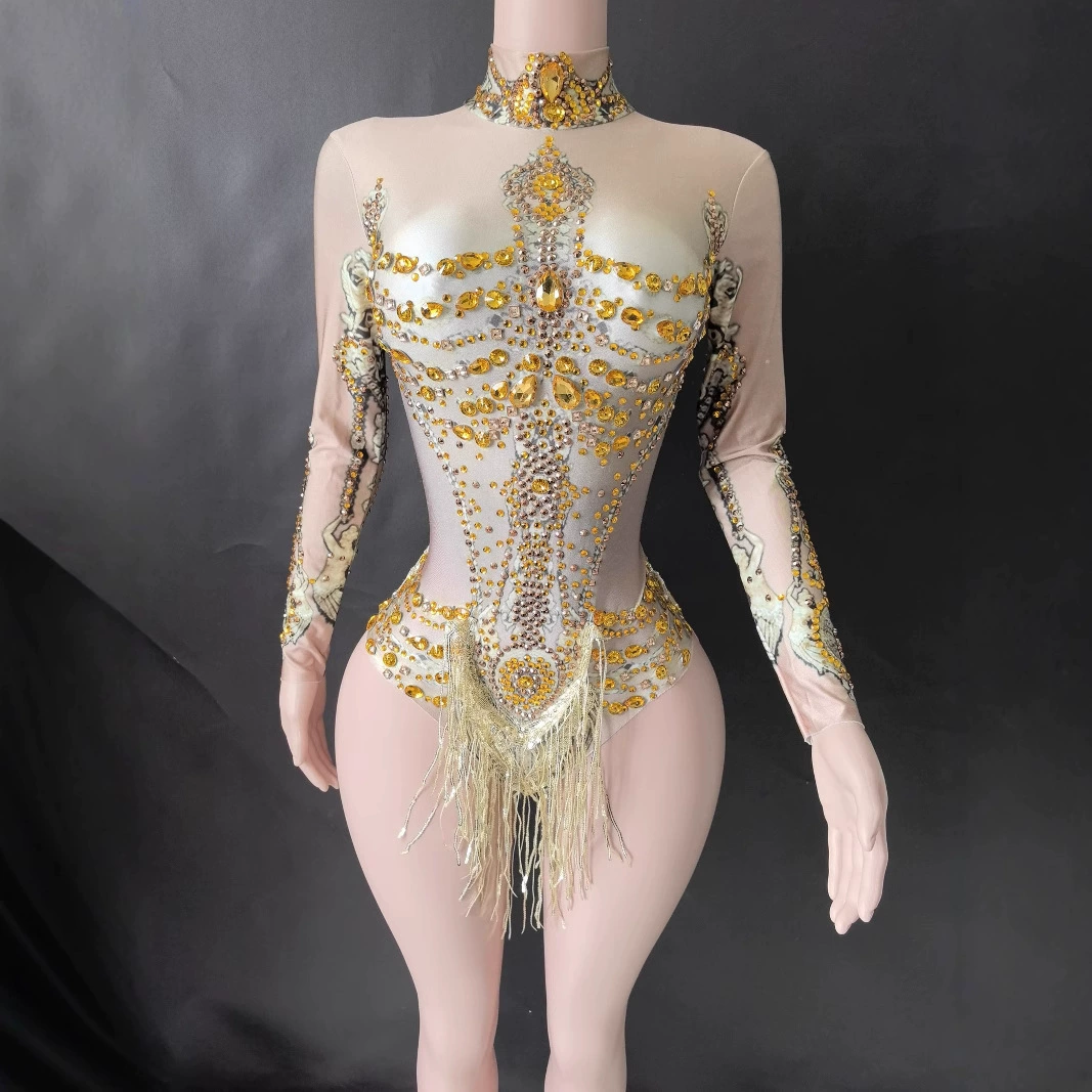 Сценический костюм для выступлений в ночных клубах: цельный купальник с европейскими и американскими стразами, блестящий наряд для певиц