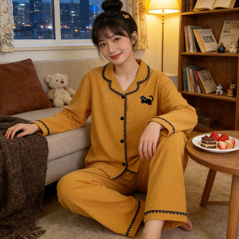 Cloud Cotton Soft and Comfortable Spring and Autumn Thin Pajamas Long-Sleeve Long-Pants Cardigan Two-Piece Set with Shell Lace Turn-Down Collar Cloud Cotton Soft and Comfortable Spring and Autumn Thin Pajamas Long-Sleeve Long-Pants Cardigan Two-Piece Set with Shell Lace Turn-Down Collar