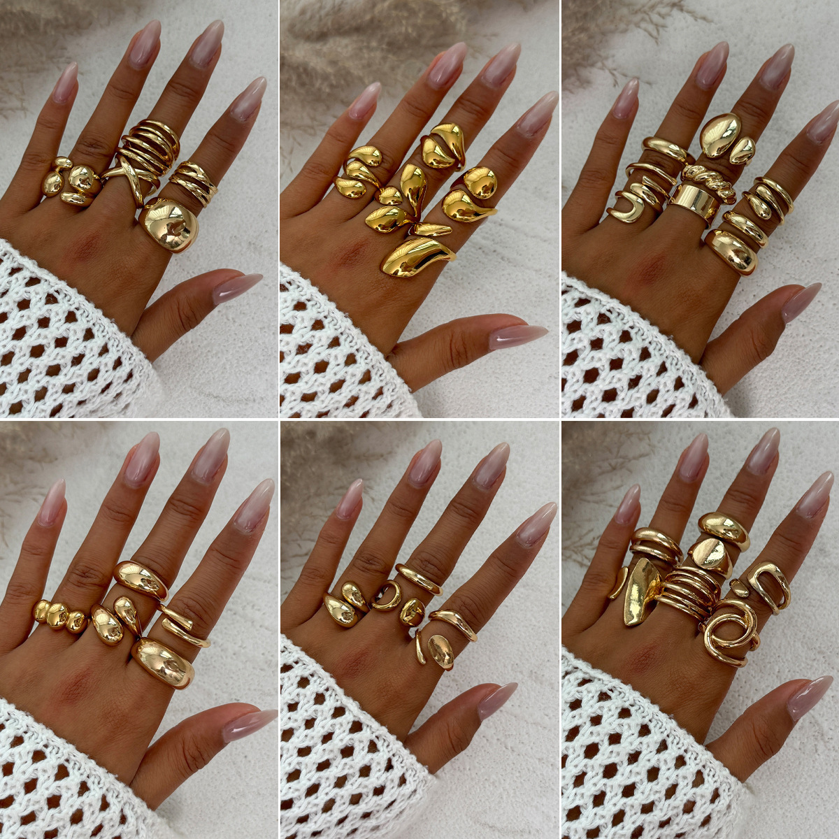 European and American Cross-Border Ins Style Metal Texture Water Drop Hug Ring Set Fashionable Geometric Glossy Open Ring for Women