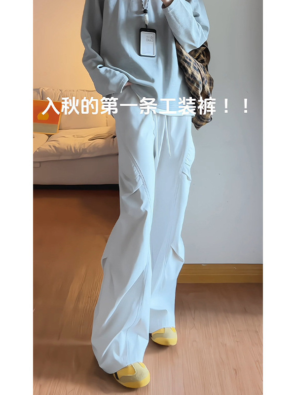 少年感褶皱口袋工装裤秋季oversize宽松阔腿裤户外徒步运动休闲裤|undefined