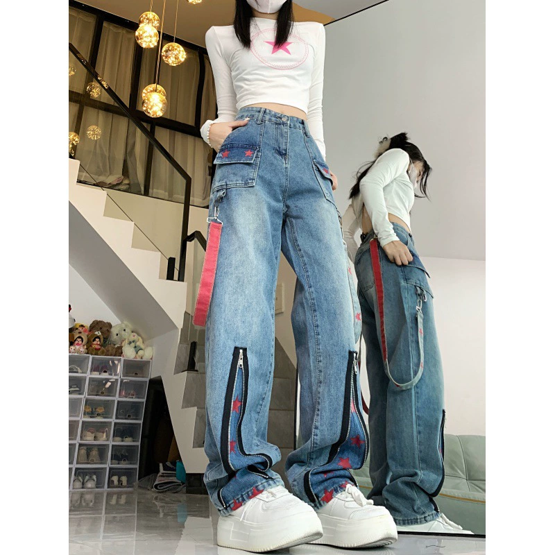 Реже цена!!! Игровые джинсы женские новые звезды с принтом дизайн рыхлые тонкие прямые брюки с широкими ногами