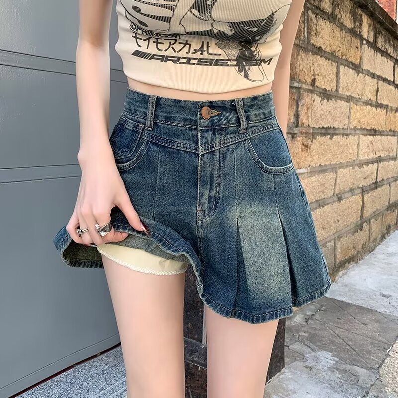 Denim Skirt Women's Summer 2025 New High-Waist Slimming Look Lined A-Line Culottes Pleated Short Skirt for Small People