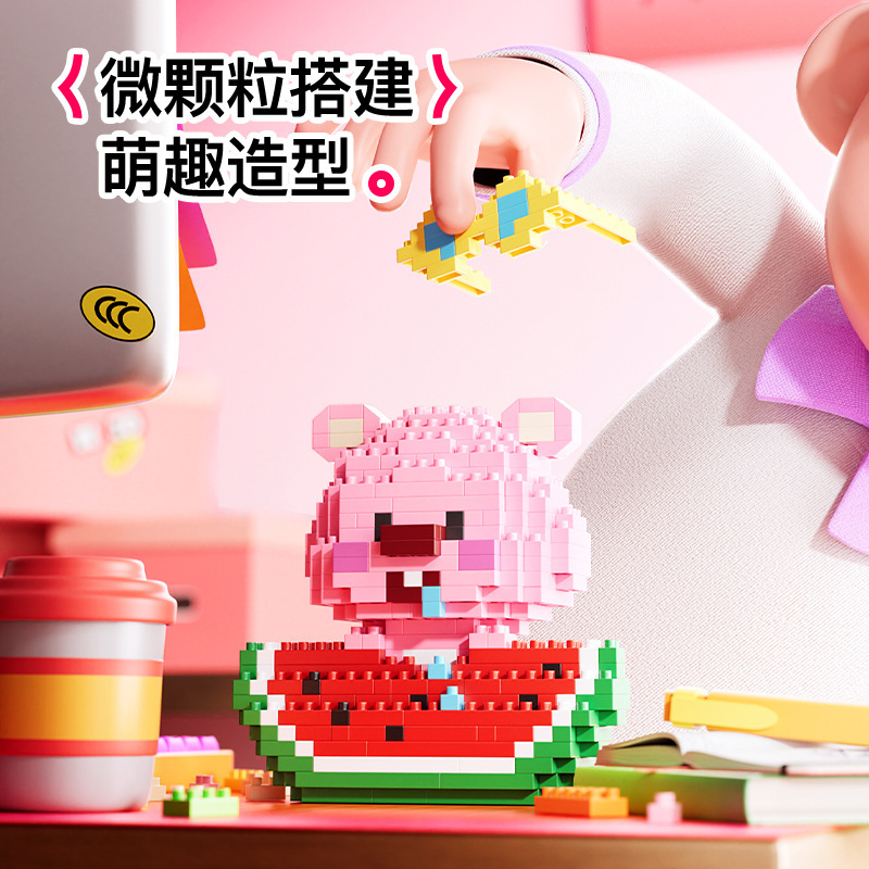 Red Red Fruit Pequeño Beaver Emoji Paquete Decoraciones de escritorio Niños Compatibles con el ensamblaje de bloques de construcción juguetes altos DIY hechos a mano