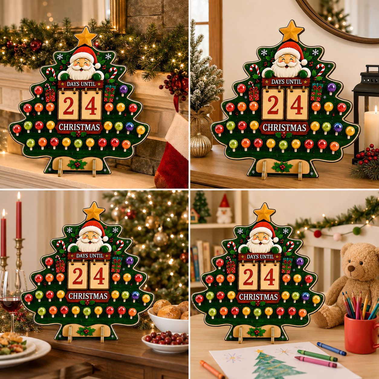 Christmas tree-shaped wooden countdown calendar, Christmas candy ornaments, holiday window, entrance, and tabletop decorations