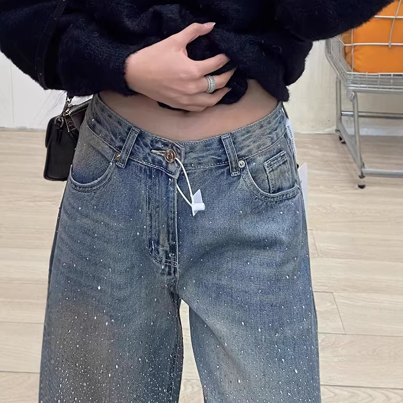 Women’S High-Waisted Flared Jeans – Winter Fleece-Lined Wide-Leg Denim Pants With Rhinestone Embellishments (S-2xl, Non-Stretch Cotton, Deep Blue)_voghion.com