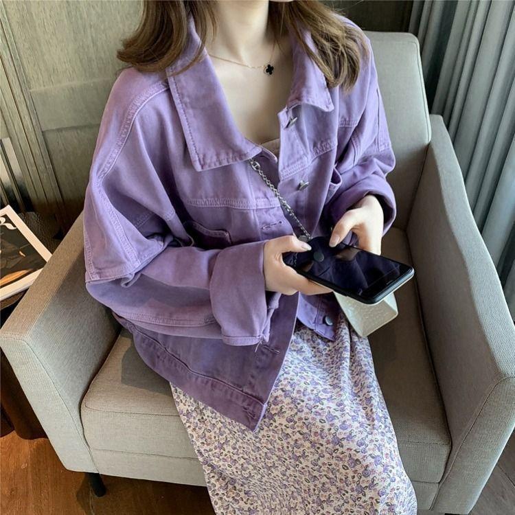 港风短款牛仔外套女夹克上衣2025春秋款百搭韩版休闲牛仔外套紫色|undefined