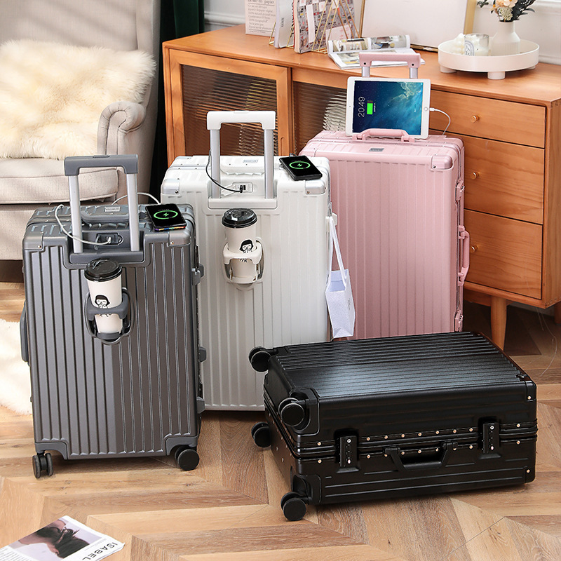 High-value student luggage PC hard case aluminum frame lock open lid cup holder USB charging trolley case wholesale