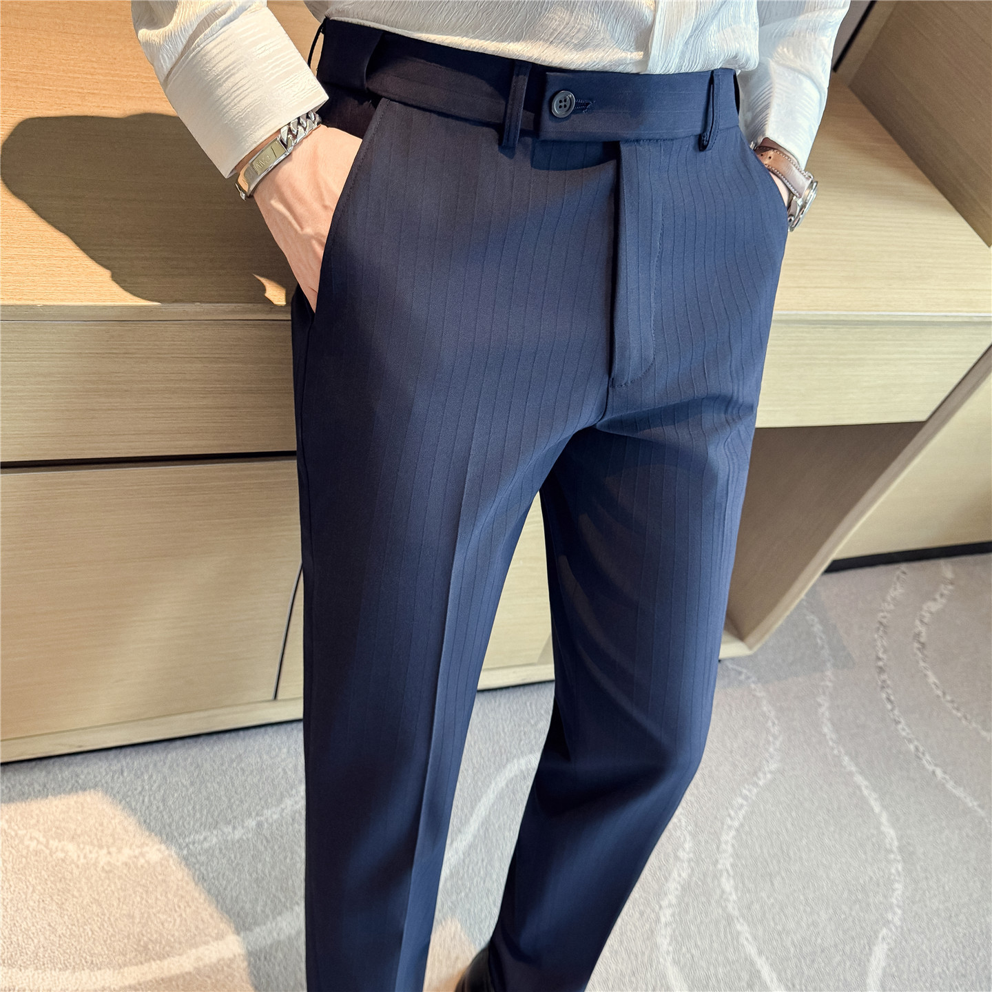 Wholesale New Men's Striped Dress Pants with Drape, Slimming Commuter Trousers, Business Casual Elastic Waist Pants, Free Shipping