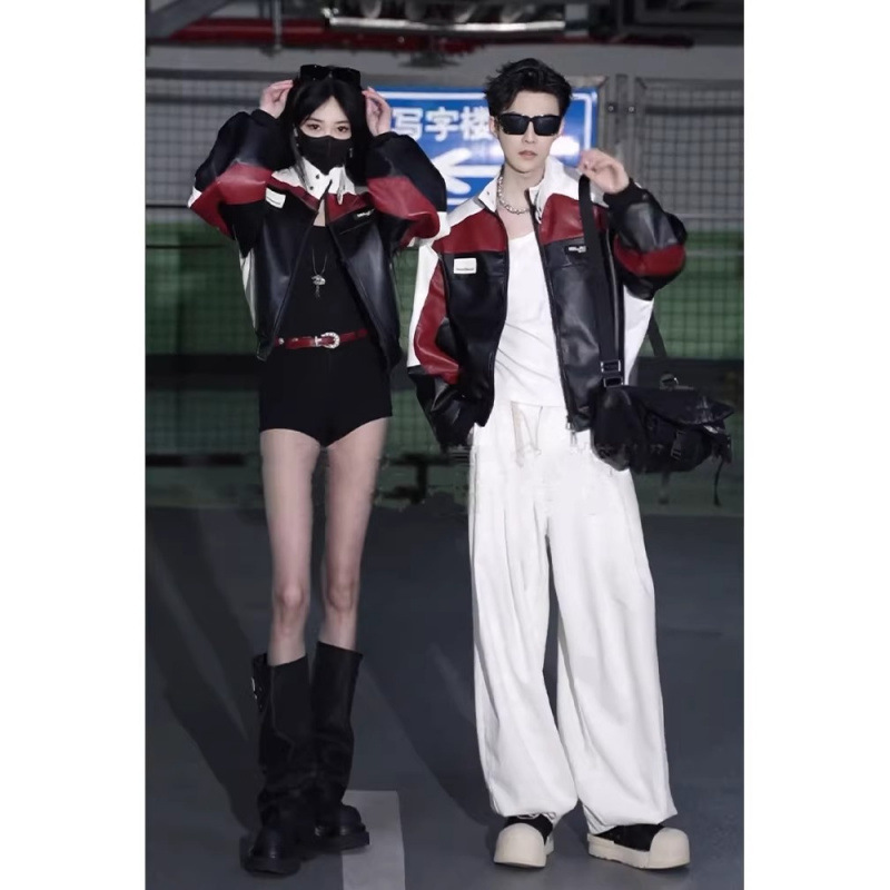 American-Style Pu Leather Jacket for Men, Spring and Autumn Color-Blocking Motorcycle Racing Jacket, Couple's Outfit, Pilot Jacket