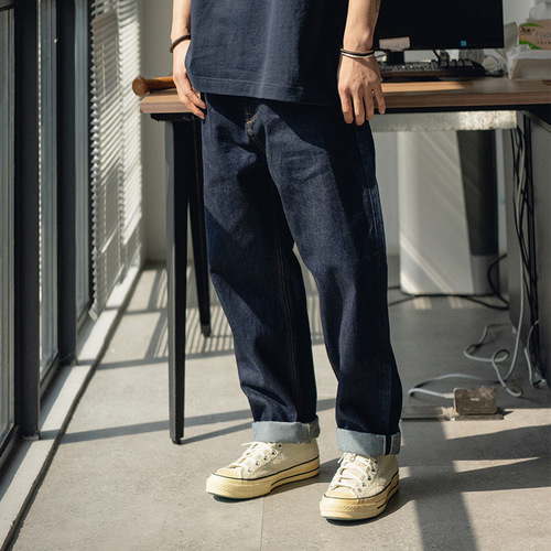 TRS Men's Clothing | Classic Japanese Workwear 14OZ Denim Blue Straight Leg Wide Leg Loose Fit Men's Jeans