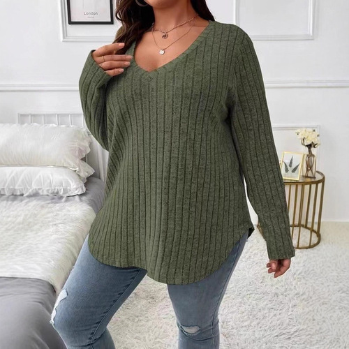 2025 Amazon Independent Store European and American Autumn/Winter New Solid Color Plus Size V-Neck Long-Sleeve Plaid Velvety T-Shirt for Women