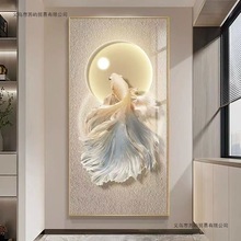 好运锦鲤入户玄关装饰画现代简约晶瓷镶钻挂画轻奢走廊过道竖壁画