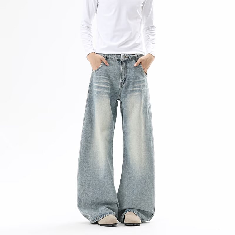 Vintage Washed Straight Leg Jeans For Men And Women, Comfort Fit Denim Trousers With Classic Whiskering, Retro High-Street Style_viptrois.com