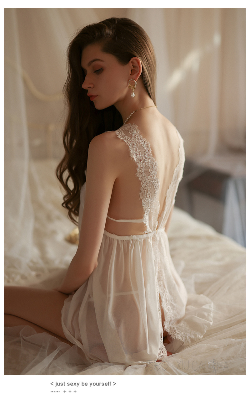 Wine-Red Lace Mesh Babydoll Nightgown with Short Skirt Design, See-Through Wholesale Lingerie — detail image 18