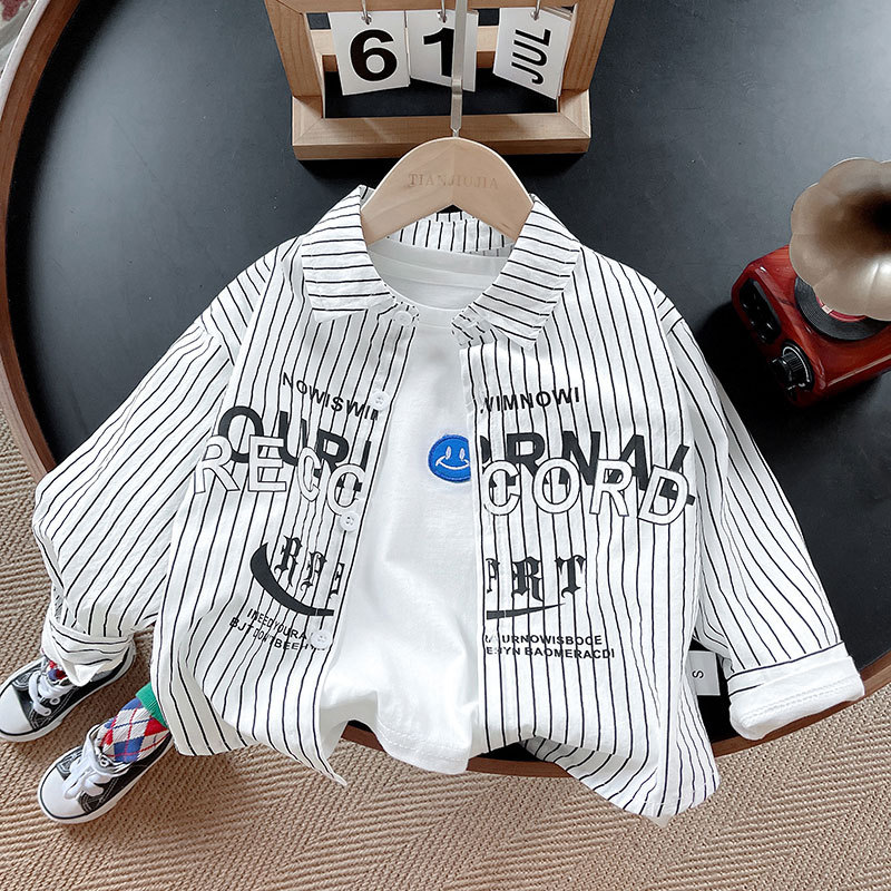 Camisas a rayas para niños 2025 primavera y otoño nuevos niños guapo camisa de mangas largas vestido de otoño bebé chaqueta de moda