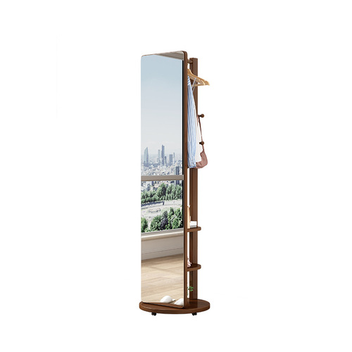 Nordic solid wood floor-standing rotating full-length mirror with integrated wardrobe and hanging rack, modern minimalist home use bedroom dressing mirror and hanger