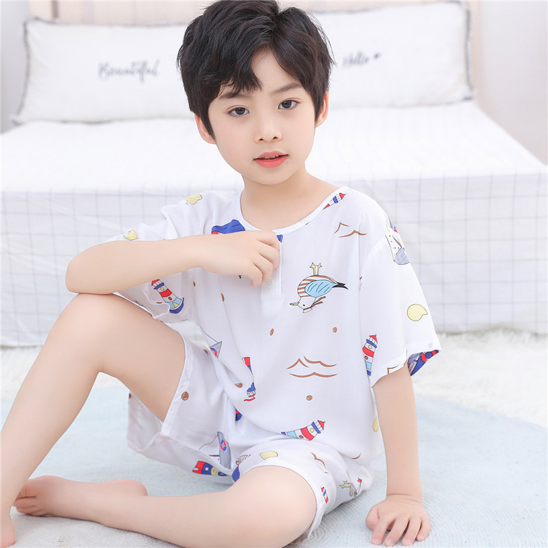 Children's summer thin cotton pajama set, boys' and girls' short-sleeved shorts, cotton and synthetic cotton air-conditioning clothing