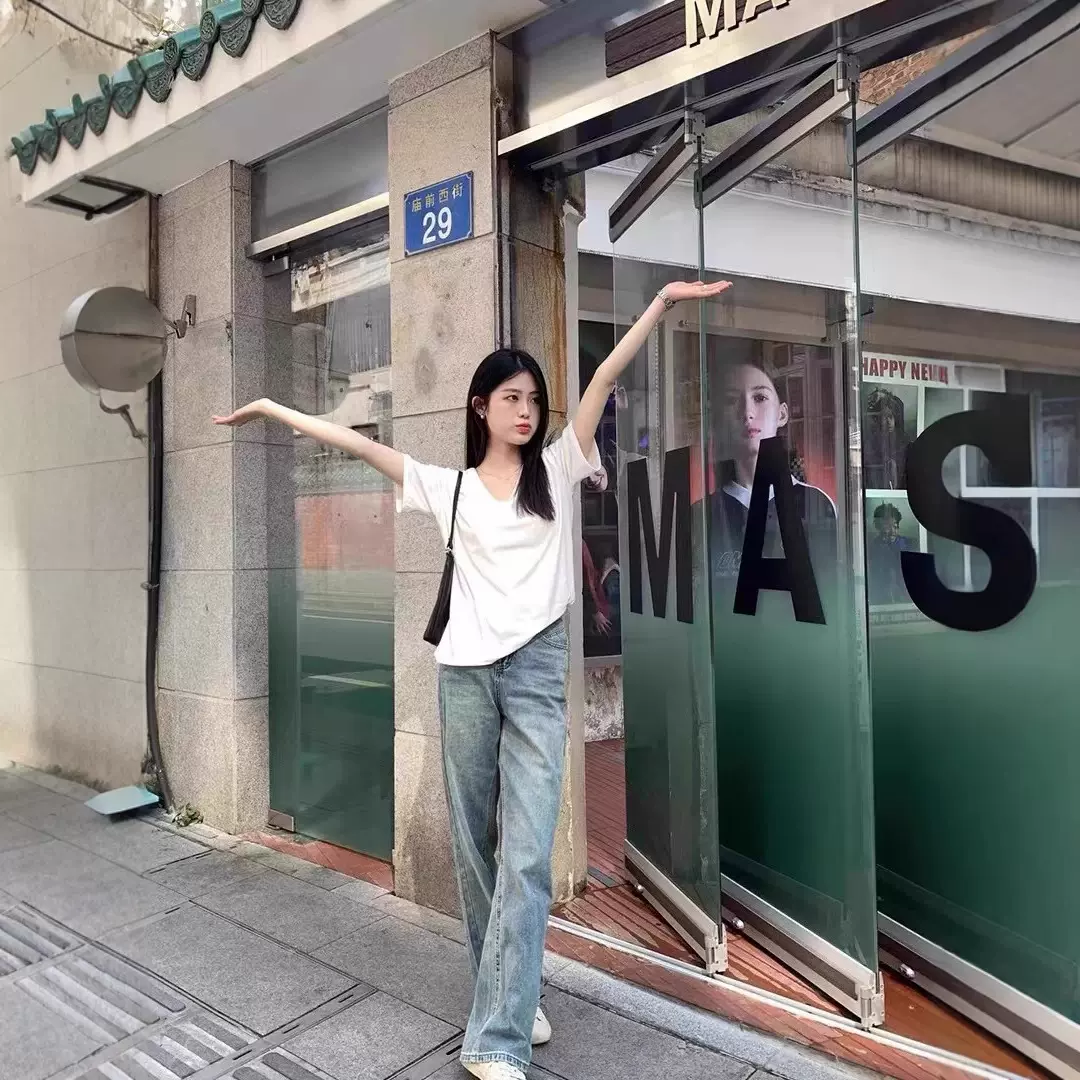 纯色v领正肩宽松百搭显瘦短袖女2025新款爆款夏装减龄休闲T恤上衣