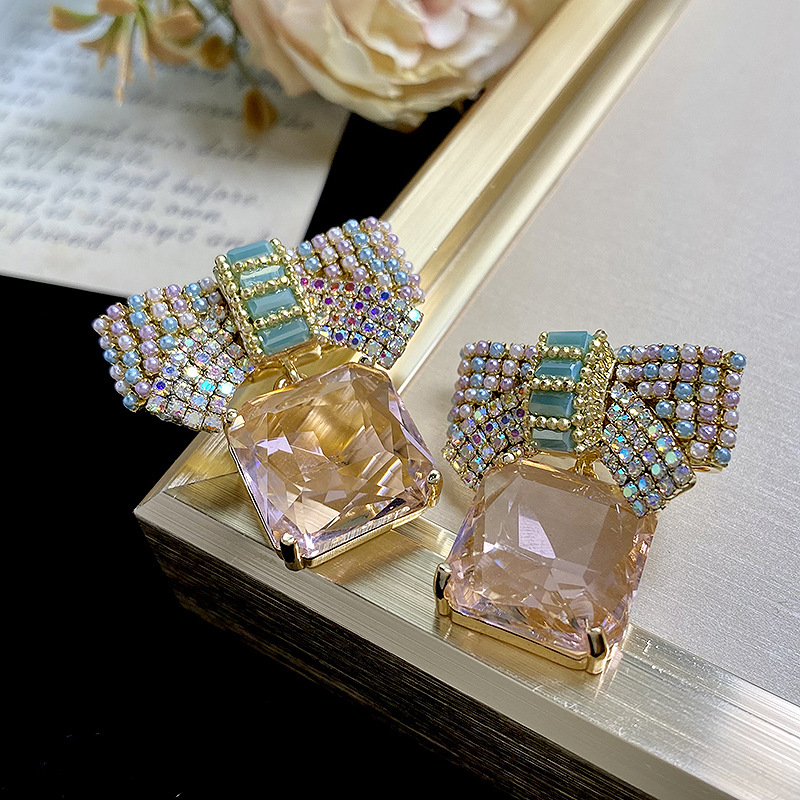Holiday, Date Occasion 1 Pair Sweet Bow Knot Inlay Copper Artificial Pearls Glass Drop Earrings
