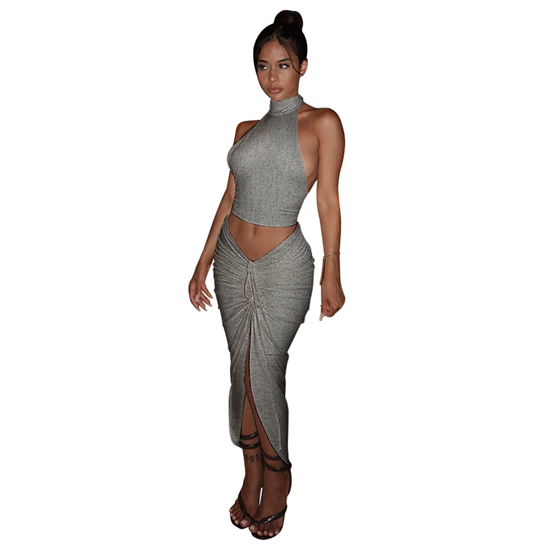 Summer Women Clothing Solid Color round Neck Cropped Backless Top Drawstring Mid Length Dress Set