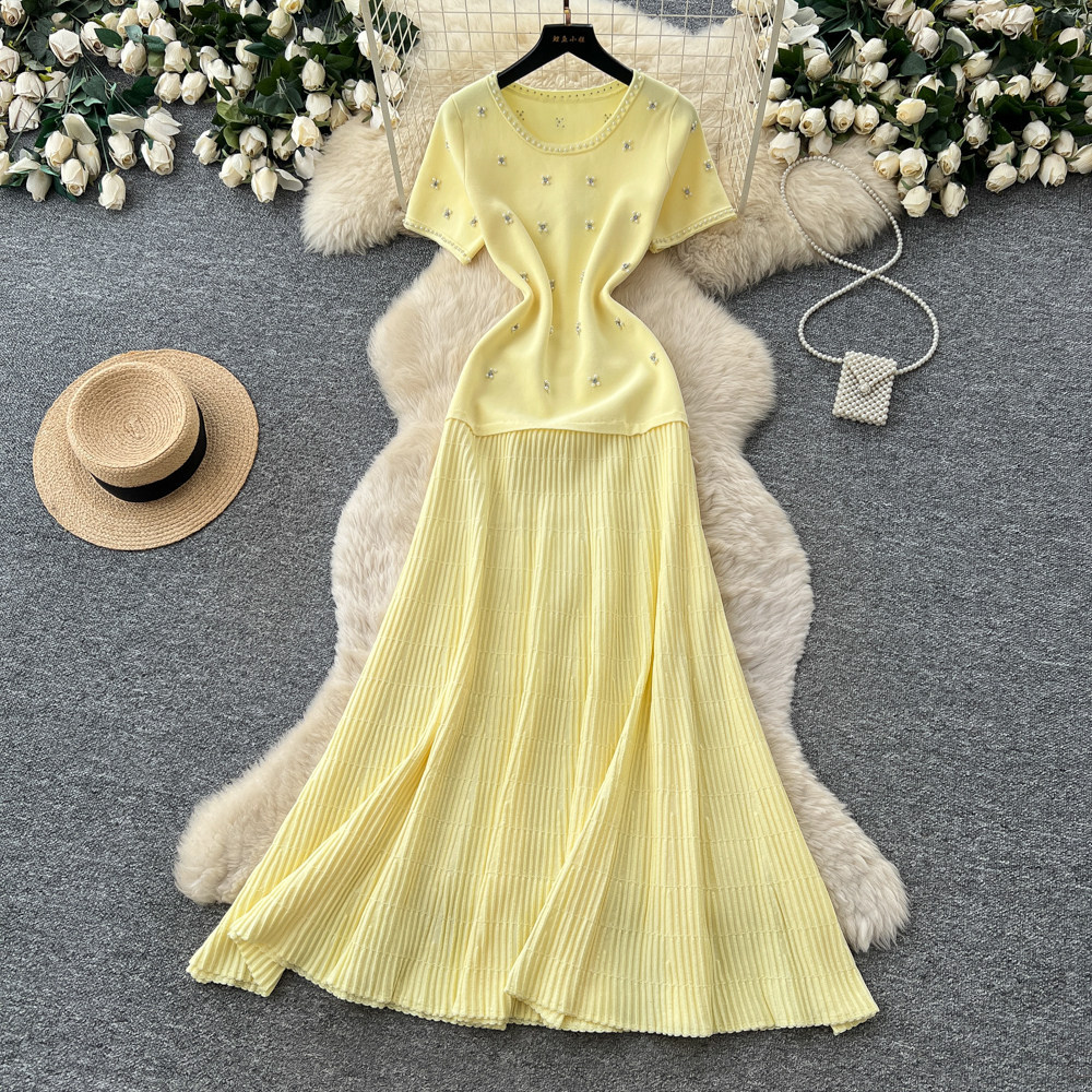 Women's French Style Beaded Short Sleeved Dress Summer Gentle Feminine High Waisted A-Line Skirt Slimming Flattering for Commuting_ecoleips.com