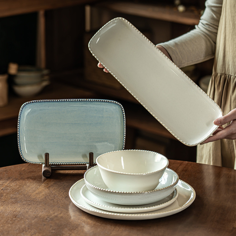High-End Pearl Bowl and Plate Set, Household Ceramic Dishware, Underglaze Color Tableware, Salad Bowl, Restaurant Commercial Fish Plate