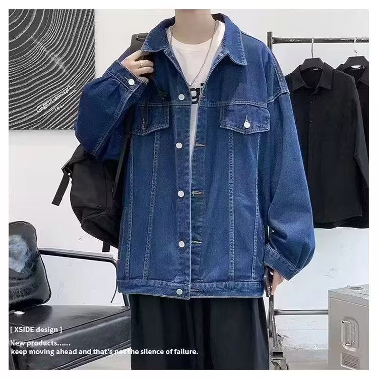 1 Men's Denim Jacket Autumn New Hong Kong Loose Japanese American Style Coat Top_viptrois.com