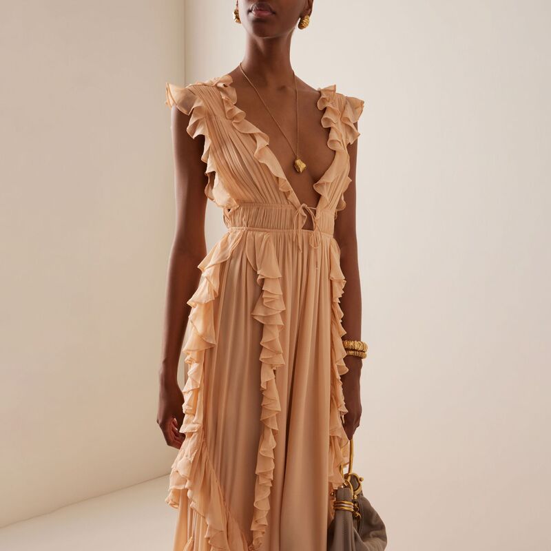 European and American Cross-Border Evening Dress, Deep V Backless Dress, Lace-Up Pleated Long Ruffled Banquet Dress