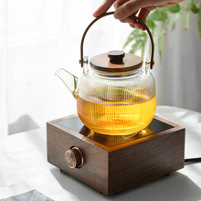 胡桃木提梁竖条纹玻璃茶壶高品质手工耐热双内胆泡茶壶蒸茶煮茶壶