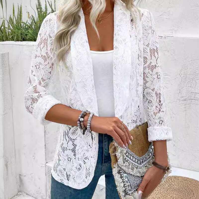 2024 European and American Cross-Border Spring and Summer Stylish Versatile Solid Color Lace Shirt Jacket 2024 European and American Cross-Border Spring and Summer Stylish Versatile Solid Color Lace Shirt Jacket