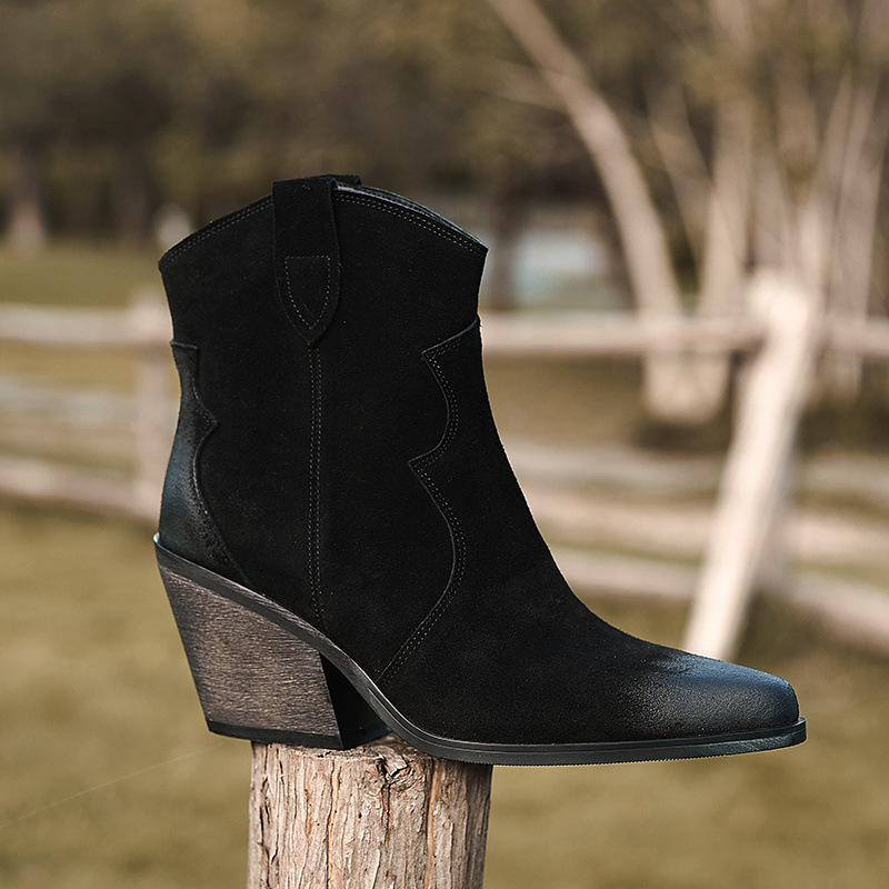 Boot cao bồi nữ da lộn mũi nhọn gót thô cổ thấp — Lớp lót nhung màu kaki