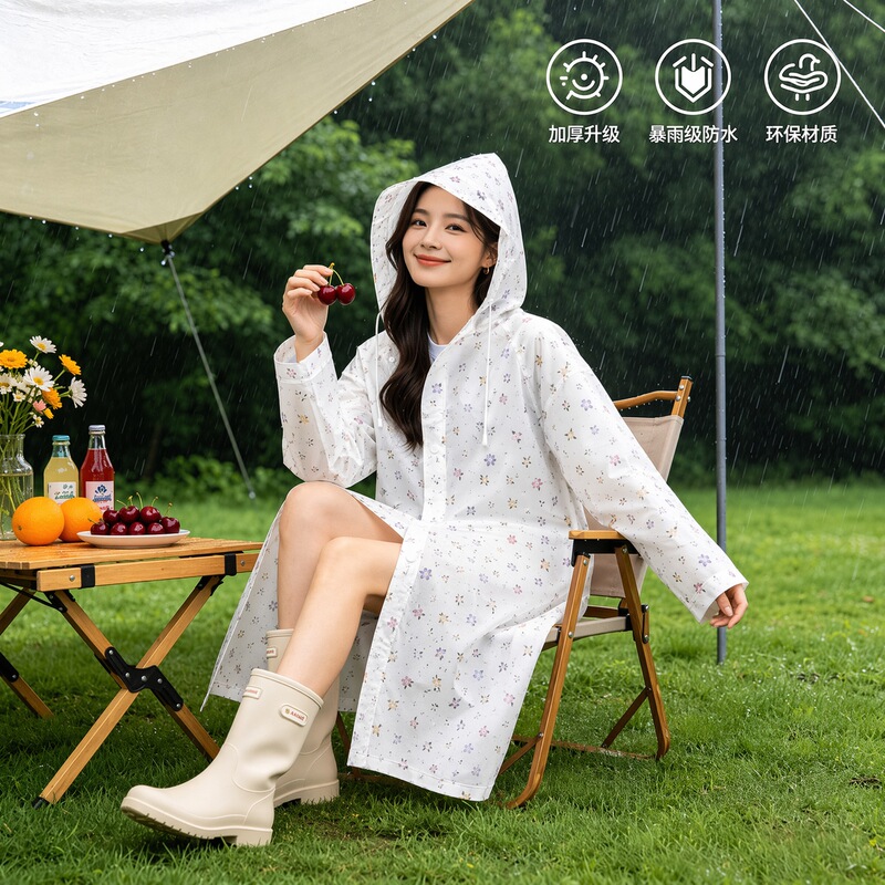 Japanese-style fresh floral print mid-length hooded raincoat for women, foldable and portable, rainproof, suitable for riding electric bikes Japanese-style fresh floral print mid-length hooded raincoat for women, foldable and portable, rainproof, suitable for riding electric bikes