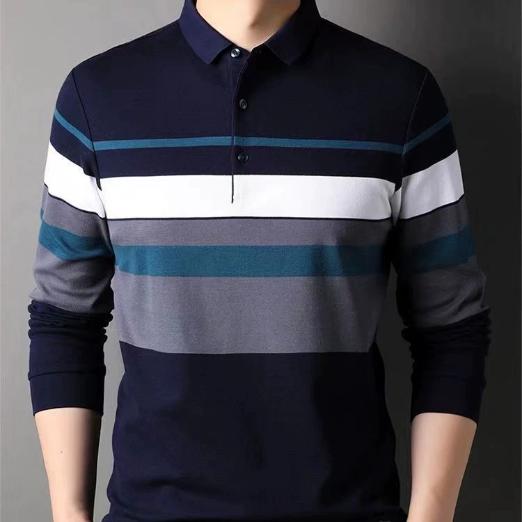Весенняя мужская футболка с длинными рукавами и воротником в стиле "dad-style", с полосатыми настоящими карманами, базовая футболка для мужчин среднего возраста с антистатической обработкой.