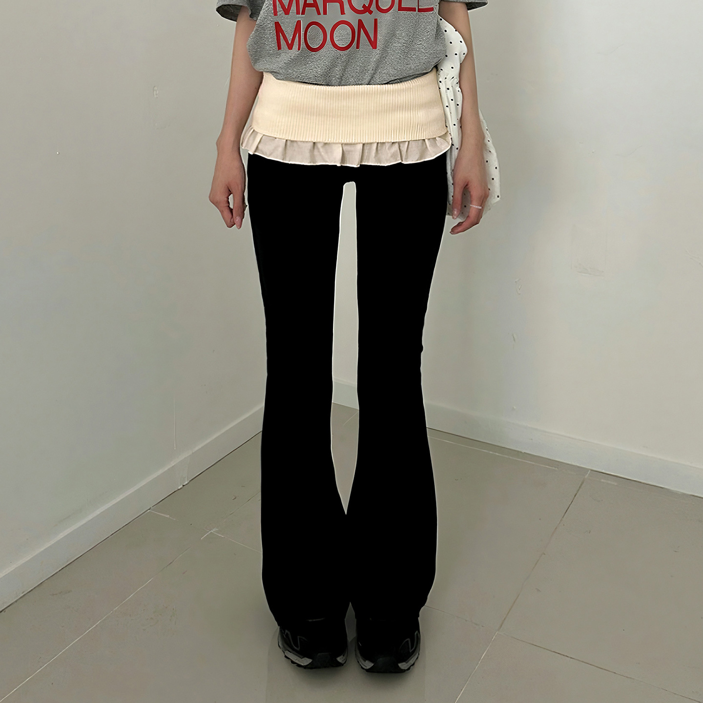 European and American New Style Color-Blocking Ruffled Waistband Flared Knit Pants for Girls, Cross-Border Slim-Fit Comfortable Versatile Long Pants