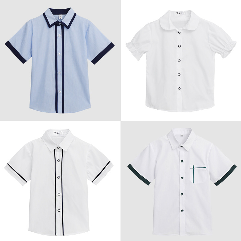 Children's summer short-sleeved shirt student school uniform shirt boys' blue summer shirt girls' cotton white shirt