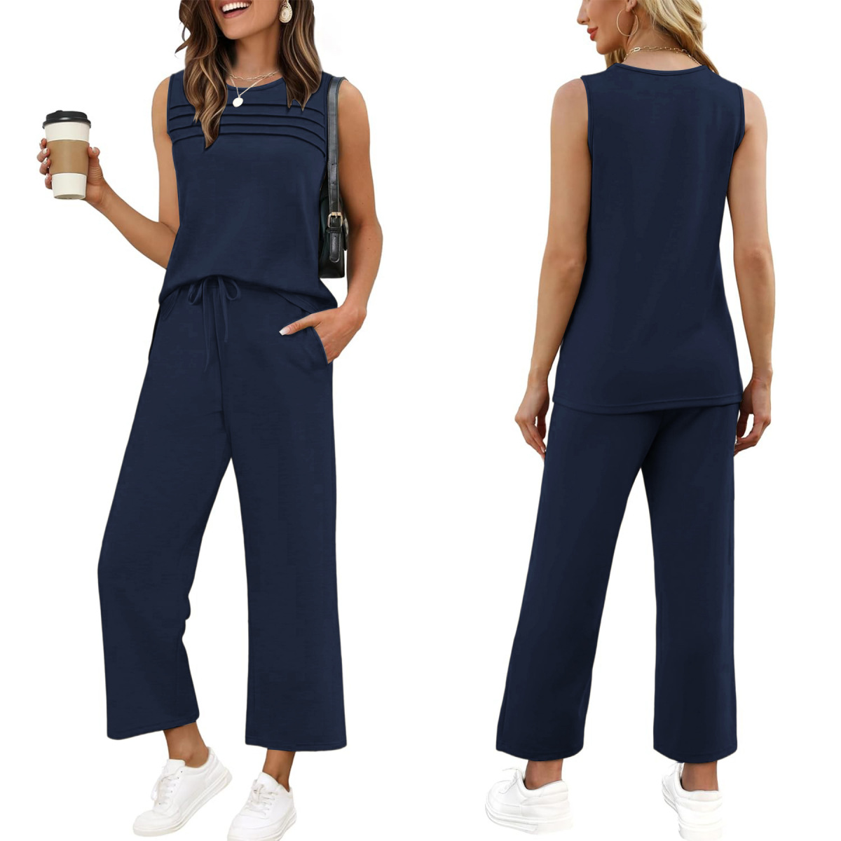 Sleeveless Hoodie & Pants Set For Women, Loose Fit Casual Jogger Outfit, Waffle Knit Cropped Top And Lounge Shorts Two Piece_ecoleips.com